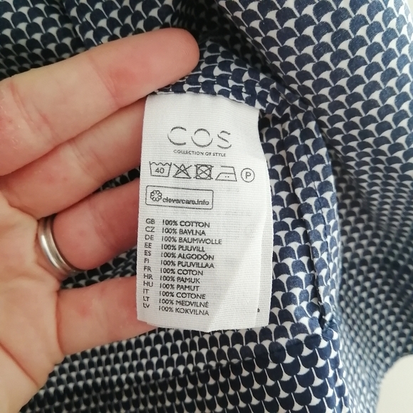 COS Cotton Poplin Ruffle Front Button Blouse Navy White 3/4 Sleeve 34 (XS) - Picture 12 of 16